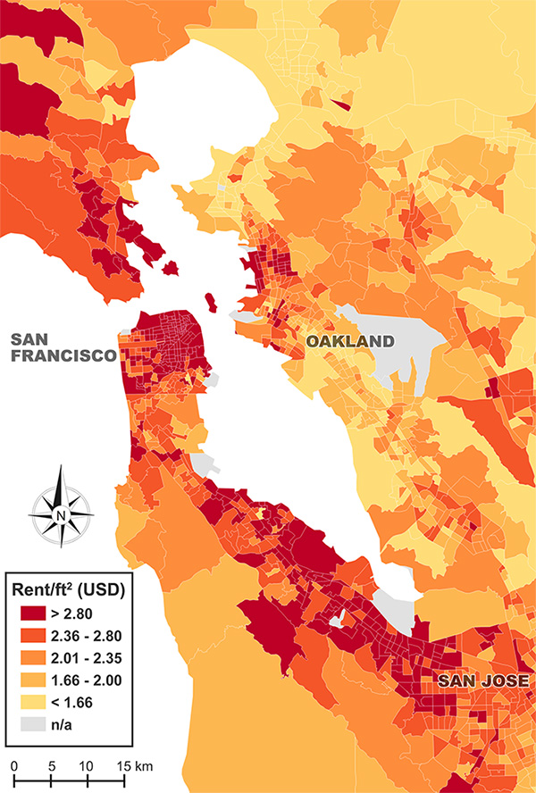 Census tract- level map of median rents per square foot on Craigslist in the
San Francisco Bay Area