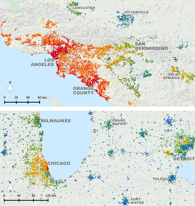 Detail of Craigslist rental listings, divided into nationwide quintiles by
rent per square foot in the greater Los Angeles area (top) and the Midwest
between Chicago and Detroit (bottom)