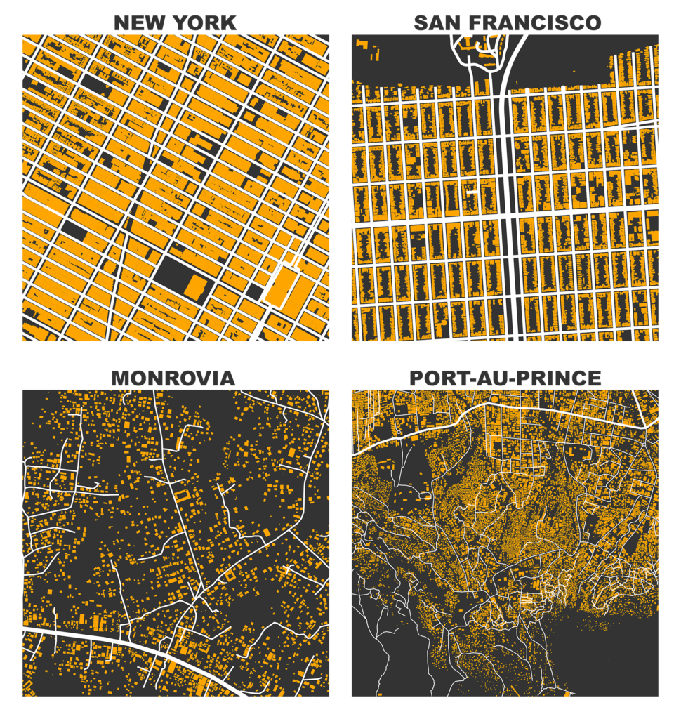 Figure-ground diagrams of building footprints and street network in New York,
San Francisco, Monrovia, and Port au Prince from OpenStreetMap data. Maps
created in Python with OSMnx and matplotlib.