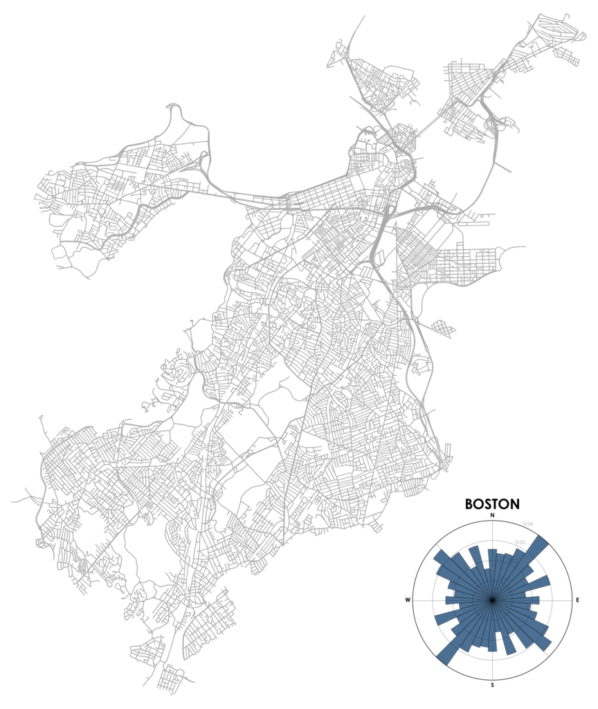 Boston, Massachusetts city street network, bearing, orientation from
OpenStreetMap mapped with OSMnx and Python