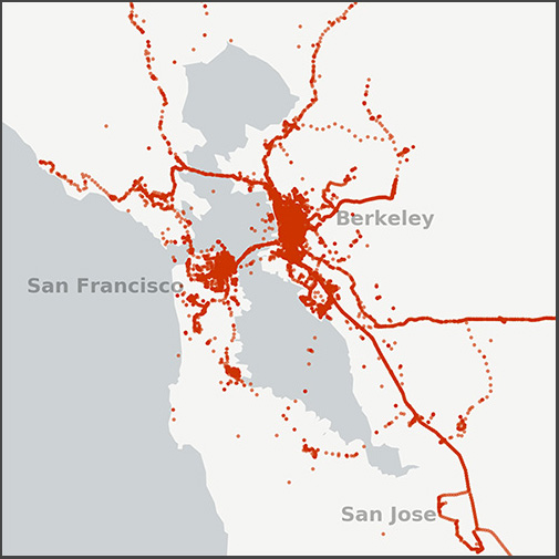 Mapping everywhere I've ever been: a small map of my Google location history
data in the San Francisco Bay Area, 2012-2016