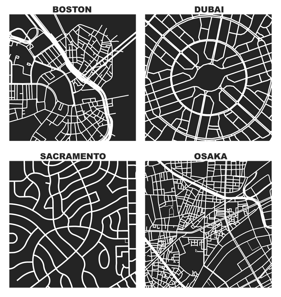 OSMnx: Figure-ground diagrams of one square mile of Boston Massachusetts,
Dubai UAE, Sacramento California, and Osaka Japan shows the street network,
urban form, and urban design in these cities with Python in the style of Allan
Jacobs Great Streets and Nolli maps