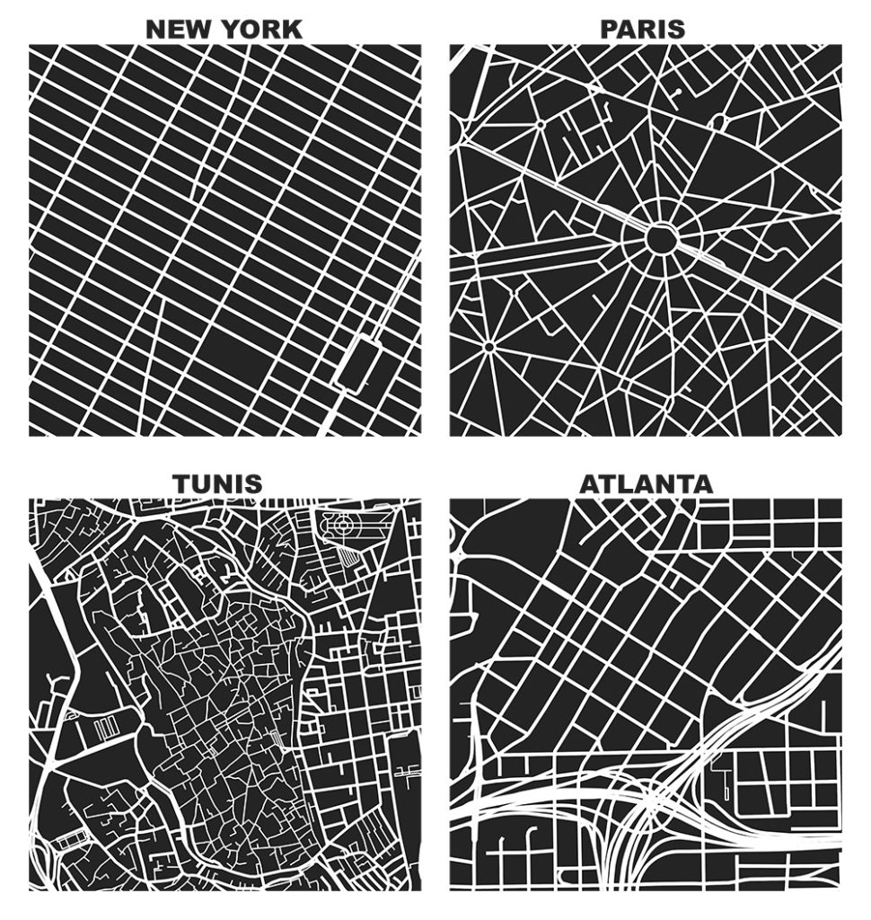 OSMnx: Figure-ground diagrams of one square mile of Manhattan New York, Paris
France, Tunis Tunisia, and Atlanta Georgia shows the street network, urban form,
and urban design in these cities with Python in the style of Allan Jacobs Great
Streets and Nolli maps