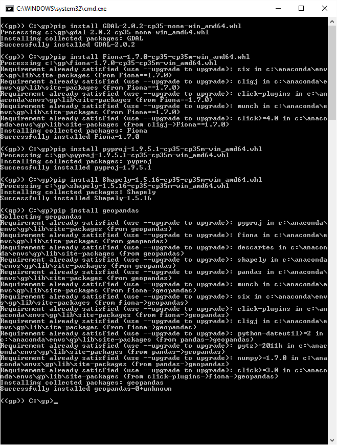Install geopandas on windows with dependencies gdal, fiona, pyproj,
shapely