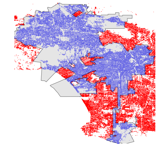 r-tree spatial index with python geopandas: Los Angeles, California city
boundary and street intersections inside and outside city limits