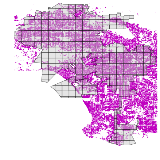 r-tree spatial index with python geopandas: Los Angeles, California city
boundary subdivided and with street intersections