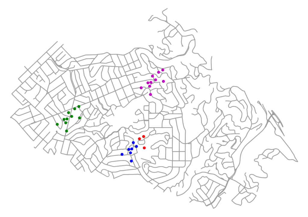 network-based spatial clustering: points along the city street network
spatially clustered with network-constrained DBSCAN: python, osmnx, matplotlib,
scipy, scikit-learn, geopandas