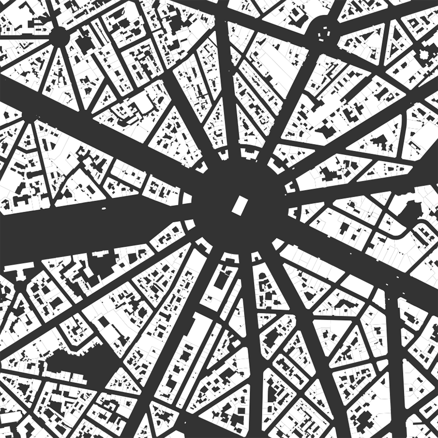Nolli map, figure-ground diagram of building footprints and urban form in
Paris, France from OpenStreetMap data created in Python with OSMnx
