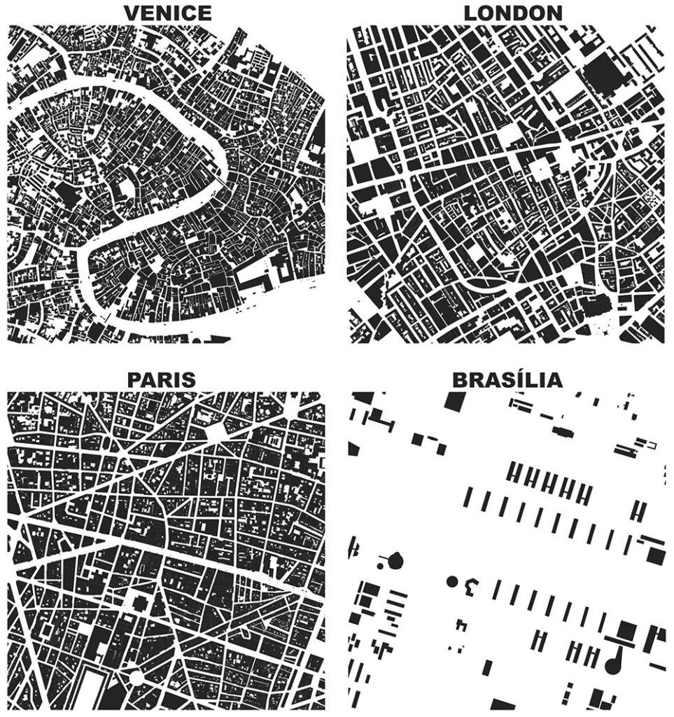Figure-ground diagrams of urban form and building footprints in London,
Paris, Venice, and Brasilia depict modernism's inversion of traditional spatial
order