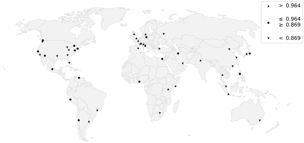 Map of world cities street networks grouped by Spatial Planarity Ratio
terciles, demonstrating how planar or nonplanar each graph is.