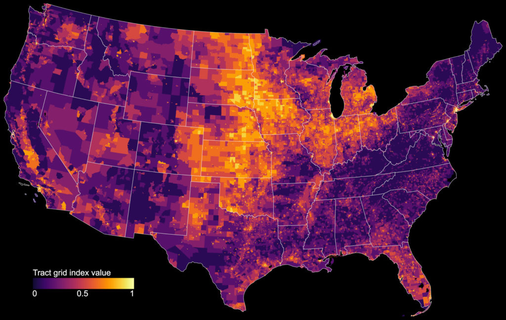 Map of where street grids exist today across the US, made with OSMnx and
Python