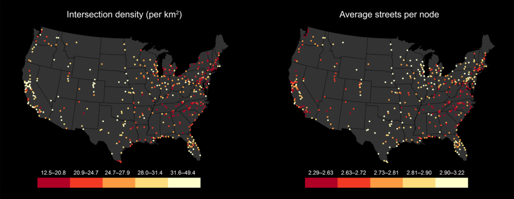 Map of intersection density and average streets per node for US urbanized
area street networks