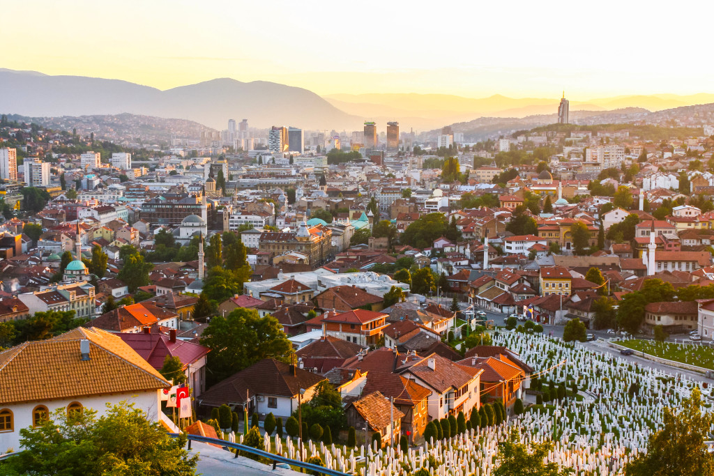 Sarajevo, Bosnia cityscape at sunset