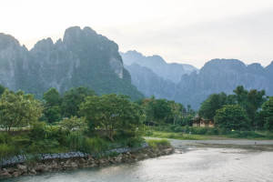 Vang Vieng, Laos karst mountains along the Nam Song river