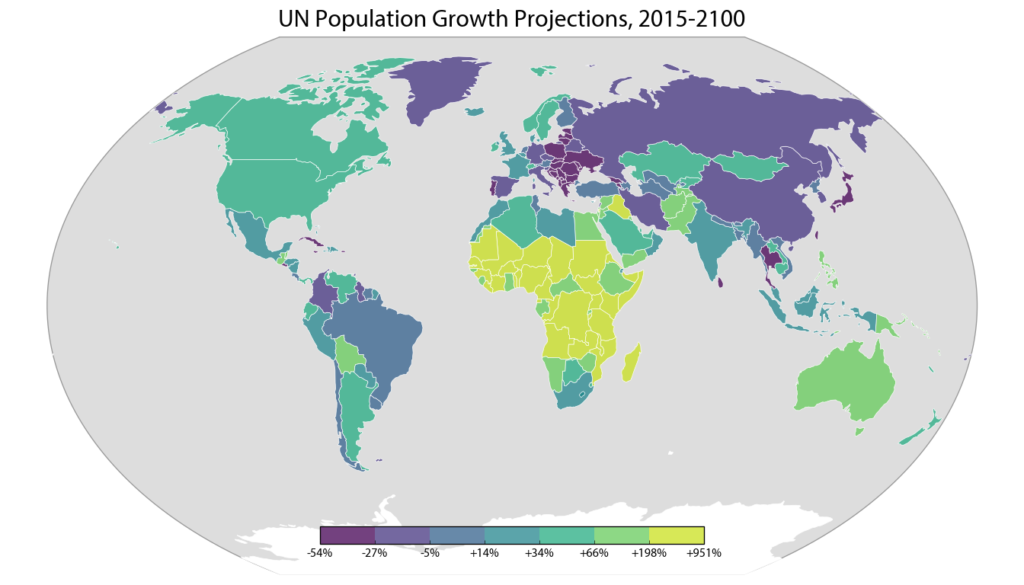 UN world population projections data map: Africa, Asia, Australia, Europe, North America, South America