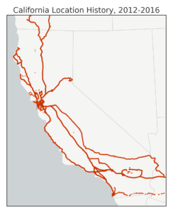 Map of my Google GPS location history data in California, made with Python matplotlib basemap