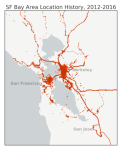 Map of my Google GPS location history data in the San Francisco Bay Area of Northern California, made with Python matplotlib basemap