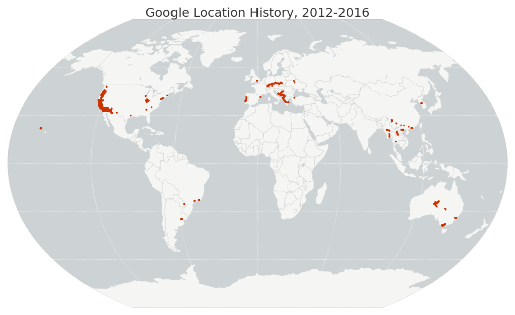 Map of my Google location history data worldwide, 2012-2016