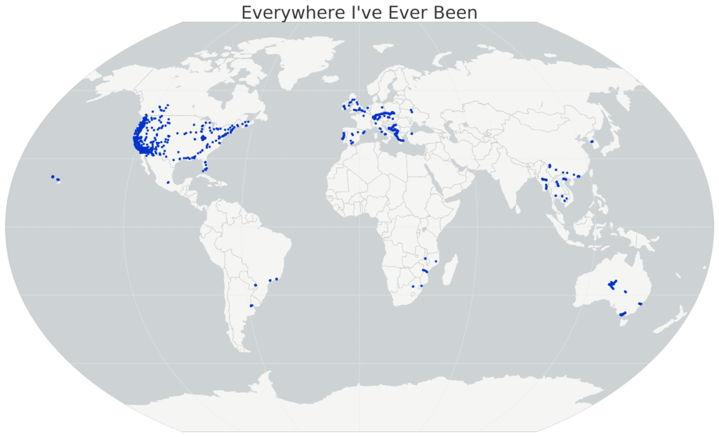 Location History World Map, data from Foursquare and Google, made with Python matplotlib basemap