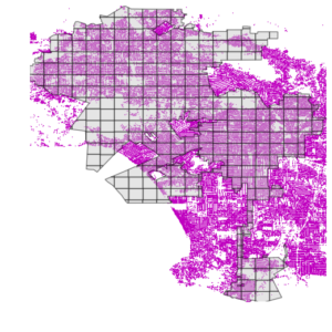 Los Angeles, California city boundary subdivided and with street intersections