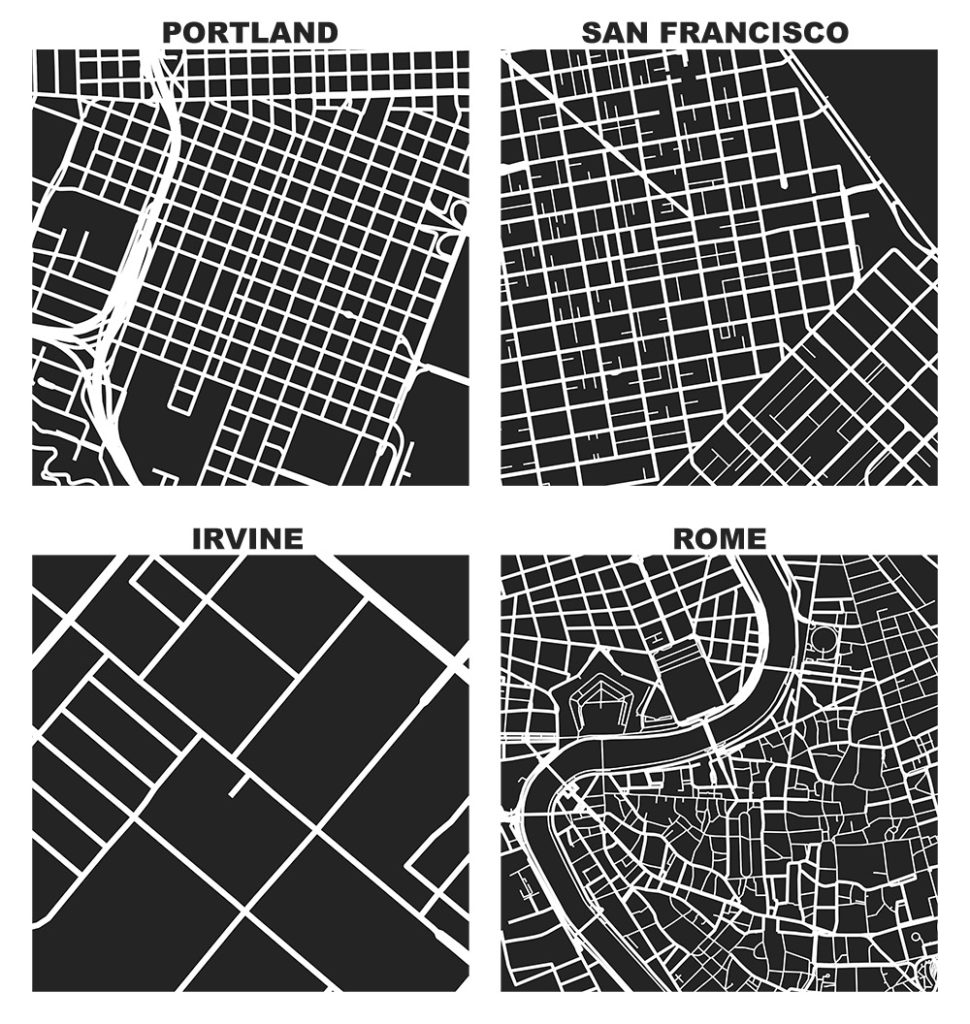 OSMnx: Figure-ground diagrams of one square mile of Portland, San Francisco, Irvine, and Rome shows the street network, urban form, and urban design in these cities