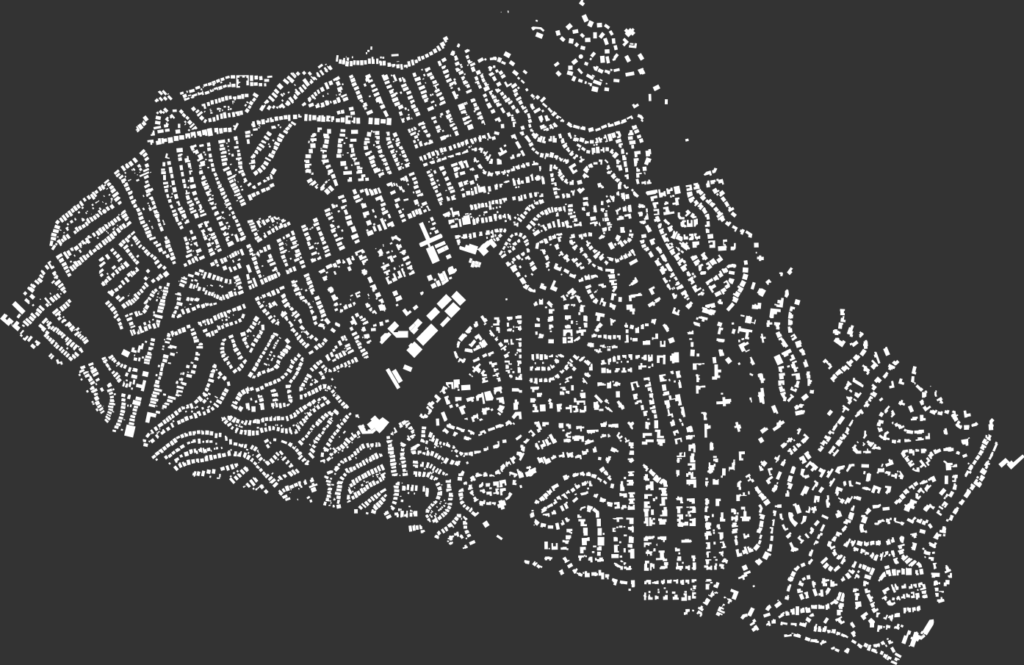 Nolli map, figure-ground diagram of building footprints in Piedmont, California from OpenStreetMap data created in Python with OSMnx