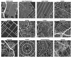 OSMnx: Figure-ground diagrams of one square mile of each street network, from OpenStreetMap, made in Python with matplotlib, geopandas, and NetworkX