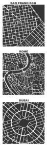 OSMnx: Figure-ground diagrams of one square mile of each street network, from OpenStreetMap, made in Python with matplotlib, geopandas, and NetworkX