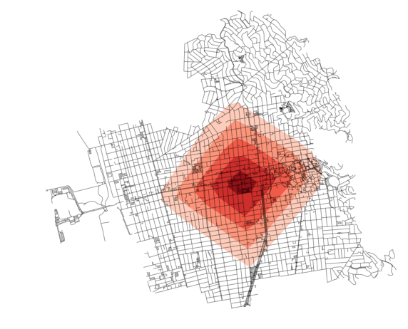 OSMnx map of isochrone isolines in Berkeley California's street network