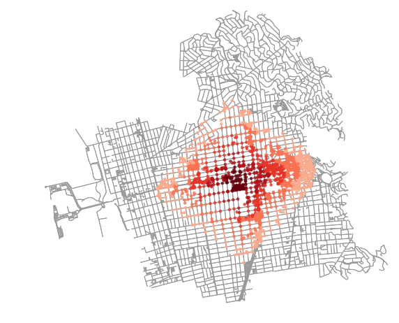 OSMnx map of isochrone points in Berkeley California's street network