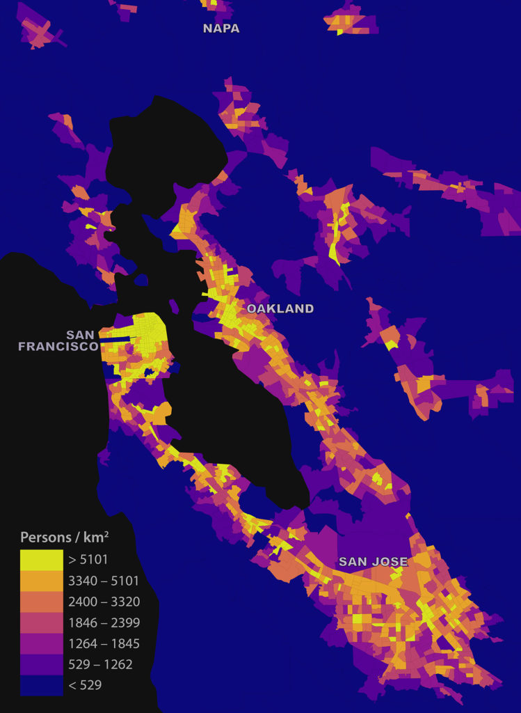 Map of the estimated daytime population density in the San Francisco Bay Area