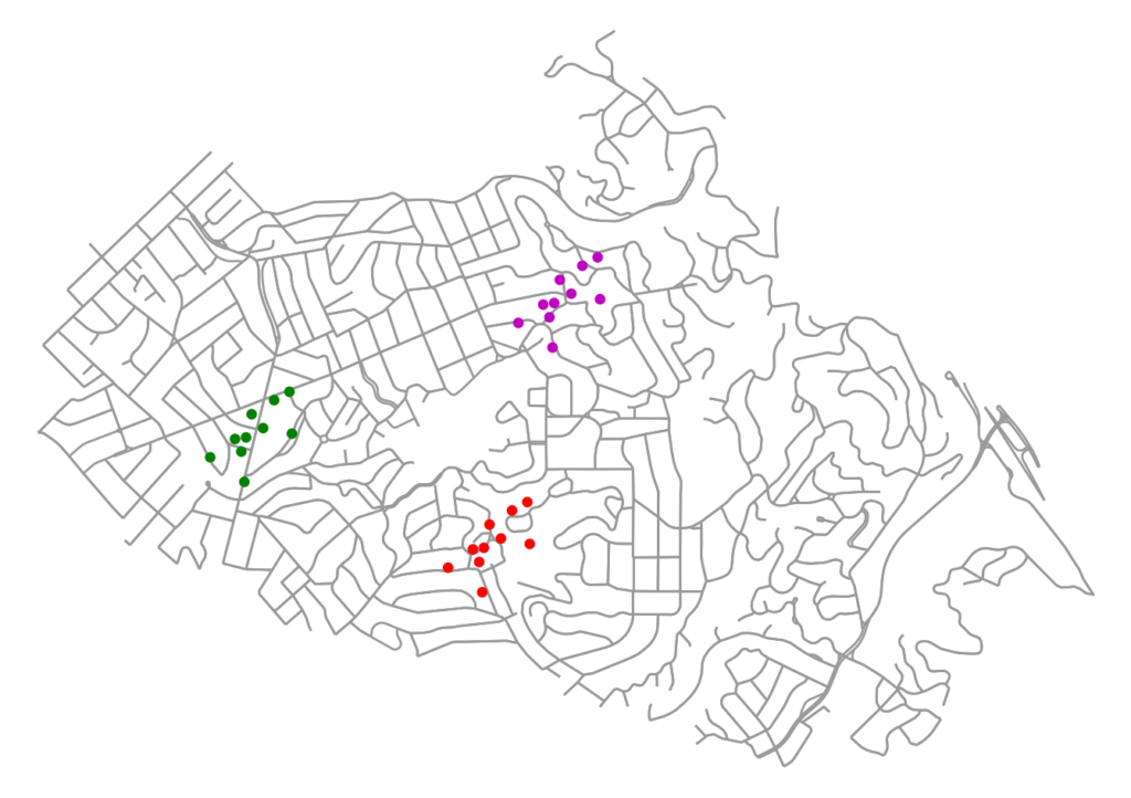 business locations on the urban street network spatially clustered with DBSCAN: python, osmnx, matplotlib, scipy, scikit-learn, geopandas