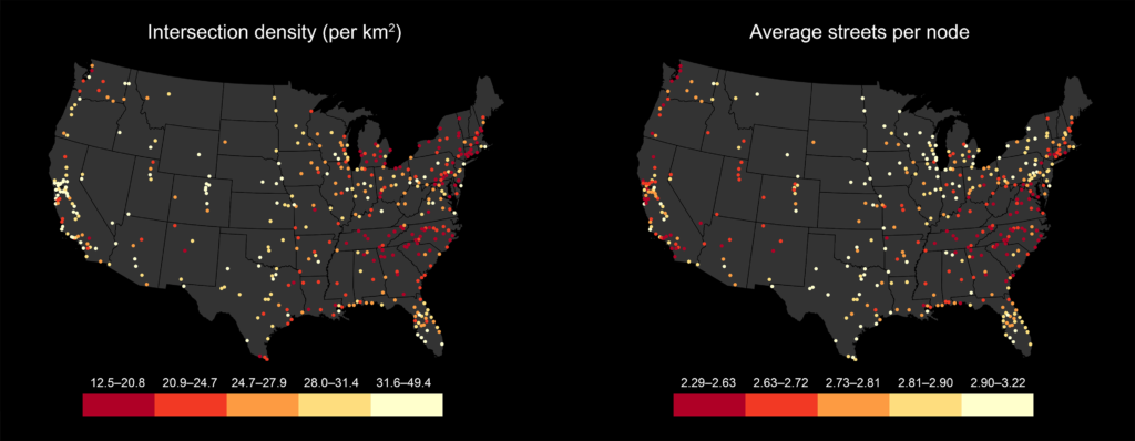 Map of intersection density and average streets per node for US urbanized area street networks