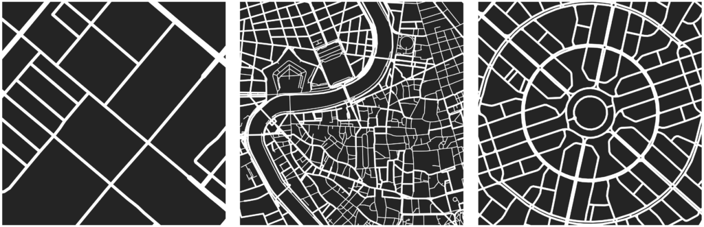 Street networks (one square mile each) exhibiting varying complexity through density, grain, connectivity, and permeability. Left: Irvine, California. Center: Rome, Italy. Right: Dubai, UAE. Visualizing OpenStreetMap data with Python and OSMnx.